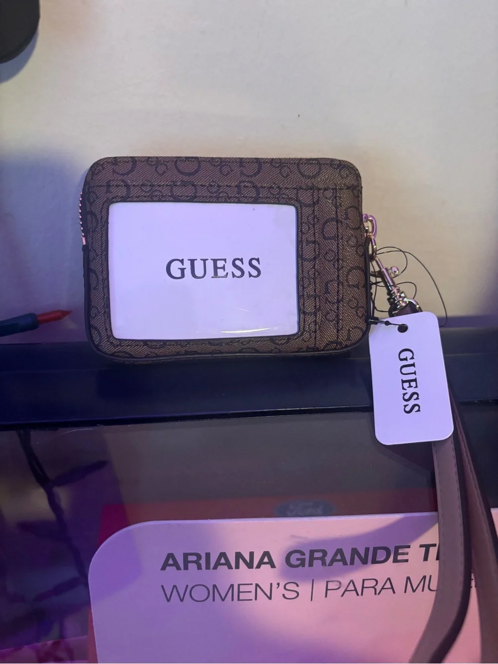 Guess Brown Monogram Wristlet with White Accent and Gold Logo